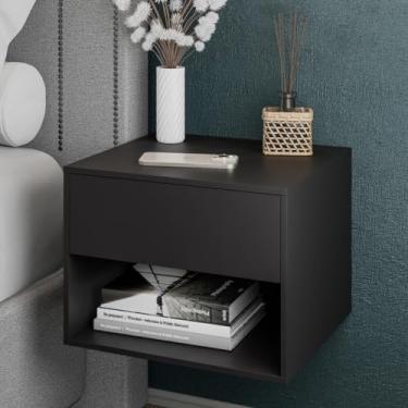 Imagem de Mesa De Cabeceira Suspensa Fixa Parede Com Gaveta E Nicho Acabamento Fosco (PRETO)