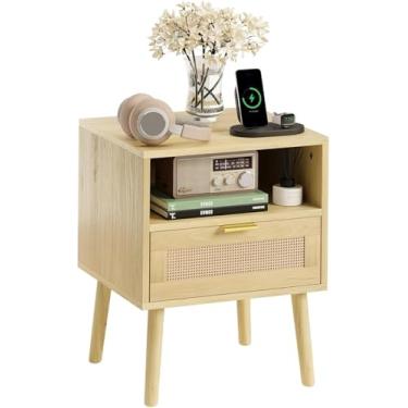 Imagem de Mesa de cabeceira de vime inteligente, mesa lateral boho com gaveta aberta, mesa de cabeceira com detalhes de madeira para lugares pequenos, quarto, carvalho natural