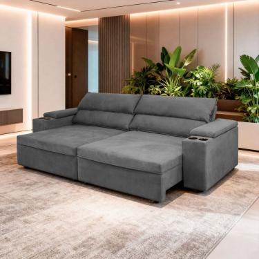 Imagem de Sofá Retrátil Reclinável Molas Ensacadas 200cm Veludo Havana Cinza