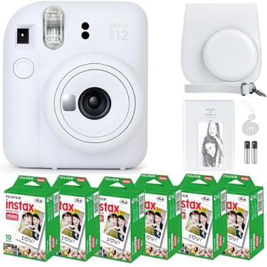 Imagem de Câmera Fujifilm Mini 12 com pacote de filmes instantâneos Fujifilm Mini (60 folhas) com acessórios inclusos: bolsa transporte, álbum de fotos e adesivos (branco Clay White)