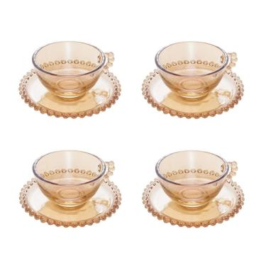 Imagem de Cj 4 Xícaras P/Chá C/Pires de Cristal Pearl Bolinha Âmbar 180ml Wolff