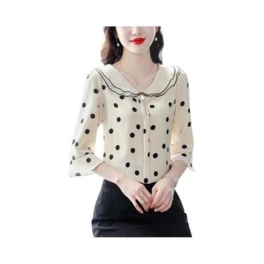 Imagem de Blusa Feminina com Gola Plissada de Bolinhas - Meia Manga - Casual - P