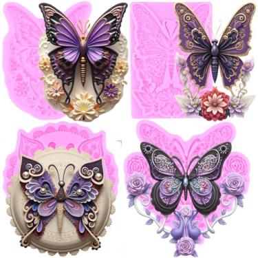 Imagem de MIYAHOUSE Molde de silicone para fondant de borboleta para decoração de bolos, topo de cupcake, pasta de goma de chocolate, argila de polímero, conjunto de 4