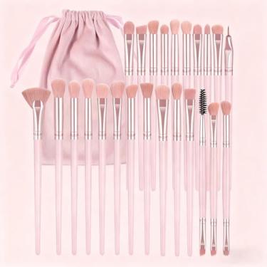 Imagem de Pincel de maquiagem de 25 peças com bolsa de armazenamento, adequado para base, blush, sombra, iluminador, líquido, creme, rosa