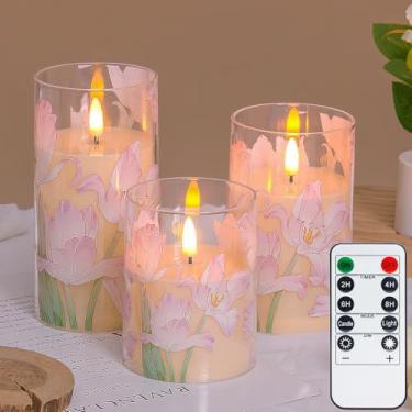 Imagem de Conjunto de 3 velas sem chama, velas de flores de íris (D3" x H4" 12,7 cm 15,2 cm), velas LED cintilantes pilar com temporizador remoto, lâmpada de flor reguladora para decoração de festa de
