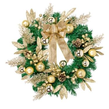 Imagem de Guirlandas de Natal para decoração externa da porta da frente, 50,8 cm, enfeites de bola de pinheiro com folhas de frutas douradas, decorações de inverno artificiais com laço para Natal, férias, casa