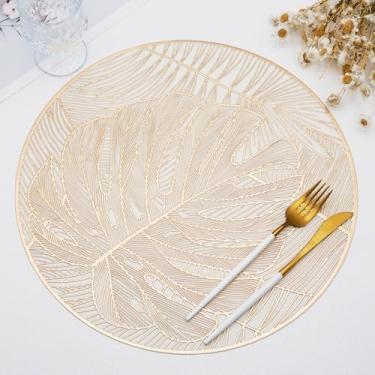 Imagem de Jogo americano redondo, conjunto de 6, tapetes de mesa dourados de folha Monstera, lavável, antiderrapante, para casamentos, aniversários, feriados, Natal, festas, centros de mesa