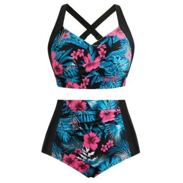 Imagem de Roupa de praia feminina Hanna Nikole Plus Size Blue Leaves & Rose 24+