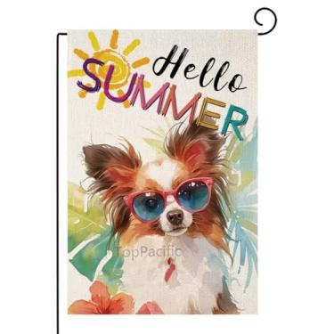Imagem de TopPacific Papillon Dog Hello Summer Yard Flags for Outside, Dog with Sunglass Beach Decoration, Small Seasonal Outdoor Decor for Summer Farmhouse, 30 x 45 cm, dupla face (6797)