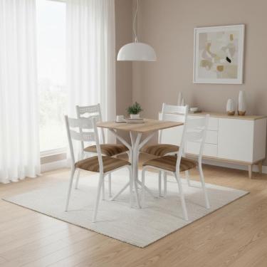 Imagem de Mesa Com 4 Cadeiras De Aço Cozinha De Jantar Pequena Branco - Branco E Carvalho