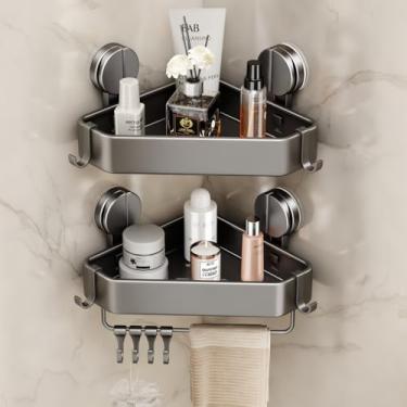 Imagem de Mustorn Suporte de chuveiro com ventosa, 2 unidades de prateleiras de chuveiro de canto de sucção sem perfuração, organizador de chuveiro à prova de ferrugem com suporte de toalha e ganchos, suporte