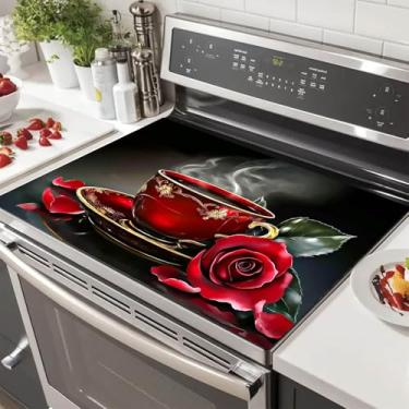 Imagem de HOMETITUTE Tampa superior de xícara de chá rosa vermelha para fogão elétrico de 71 x 50 cm protetor de fogão de vidro romântico tapete de balcão de cozinha resistente ao calor almofada de cobertura de