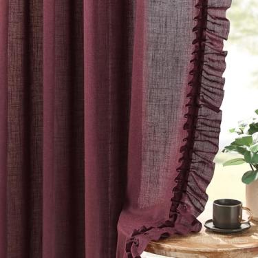 Imagem de Cortinas de linho bordô 163 cm de comprimento, 2 painéis, L 147 x C 163 cm, cortinas texturizadas Boho Farmhouse Ruffle para quarto, bolso de haste, filtro de luz, semitransparente, outono, outono