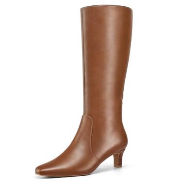 Imagem de mysoft Botas femininas na altura do joelho, salto gatinho, bico quadrado, modernas, botas longas com zíper lateral, Marrom caramelo, 39