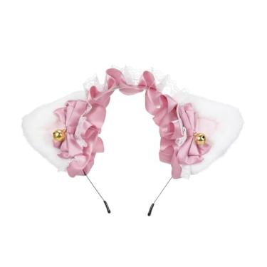 Imagem de Dioche Ornamento de Cabelo Fofo, Tiara Delicada Com Orelhas de Gato Com Laço e Sino, Tecido de Pelúcia, Tamanho único, Fácil de Manter, Ideal para Cosplay, Festas e (Branco e rosa e rosa empoeirado)