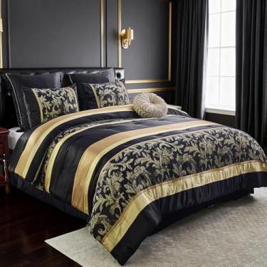 Imagem de PlushVibes Conjunto de edredom King Size, cama em uma bolsa, conjunto de cama reversível dourado preto fofo, design de jacquard botânico, edredom luxuoso macio e sedoso, todas as estações (264 x 228