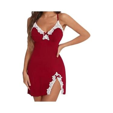 Imagem de Camisola Sexy Feminina de Cetim com Decote V - Sem Mangas e Bainha Ass