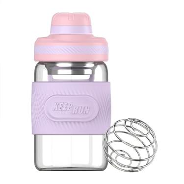 Imagem de HENGFEI Coqueteleira de vidro de 350 ml para misturas de proteína, coqueteleira de vidro borossilicato com coador e manga de silicone (salmão-lilás)