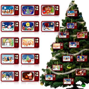 Imagem de Enfeites de árvore de Natal tradicional cena de Papai Noel enfeites de pendurar TV vintage recortes de madeira placas de pendurar para árvore de Natal, festa de inverno, decoração interna e externa