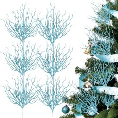 Imagem de ARQRHTLY 12 peças de enfeites costeiros azuis para árvore de Natal, artificiais, 33 cm, spray de coral com glitter sintético, palhetas de árvore de Natal, decorações de ramo do oceano, galhos de