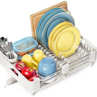 Imagem de TOOLF Escorredor de Louça Ajustável, Aço Inoxidável, com Suporte para Talheres e Base Coletora, Branco