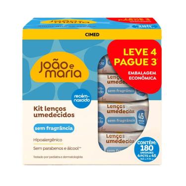 Imagem de Kit Lenço Umedecidos João e Maria Recém Nascido Sem Fragrância 4 Pacotes com 45 Unidades cada
