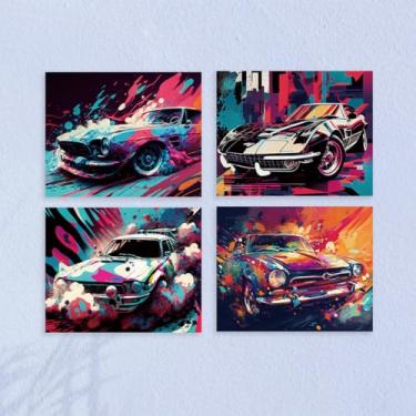 Imagem de 4 peças fantásticas decoração de parede de carro sem moldura pintura artística supercarro pôster arte para paredes, aquarela respingo carro garagem decoração de parede impressões modernas para meninos