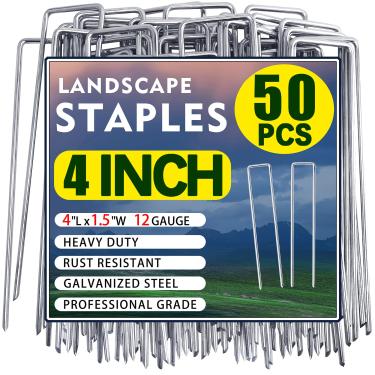 Imagem de Qucuky Pacote com 50 grampos de paisagem, estacas de jardim de 10 cm, grampos galvanizados, estacas de solo antiferrugem para barreira de ervas daninhas, tubos de irrigação, tecido de paisagismo
