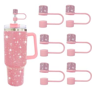 Imagem de JIASHEBDE Conjunto de acessórios para Stanley Cup, 6 peças, capa de canudo de diamante brilhante, tampa de canudos para Stanley 30 e 1,134 g com copos, acessórios de tampa de 1 cm para copo (rosa, 6