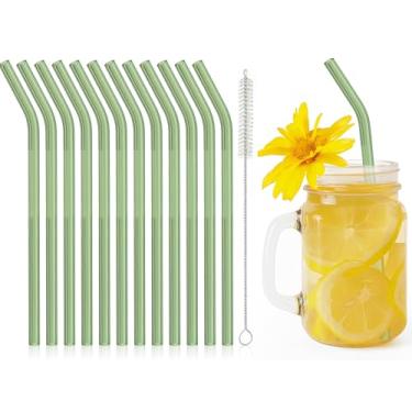 Imagem de 12 canudos de vidro reutilizáveis de 20 x 8 mm com escova de limpeza para chá, smoothies, milkshakes, sucos, bebidas (água)