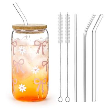 Imagem de Koythin Copos de vidro com tampas e canudos, adorável xícara de café gelado para smoothies, refrigerante, coquetéis, suco, chá, latte, copo com tampa de canudo para festa em casa, conjunto de copos de