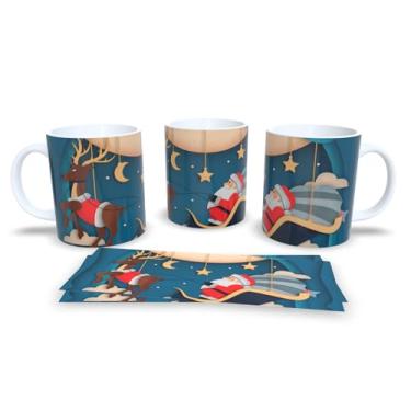 Imagem de Caneca de Natal Feliz Natal, Porcelana Branca com Design Natalino, Decoração com Papai Noel e Rena, Fundo Cinza com Flocos de Neve (9)