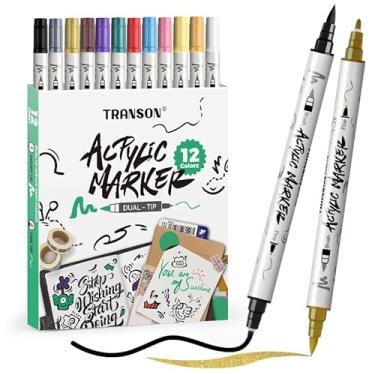 Imagem de TRANSON 12 Cores Finas e Pincel Conjunto de Canetas Marcadoras de Tinta Acrílica de Ponta Dupla para Lona, Rocha, Madeira, Couro, Cerâmica, Pintura Diy