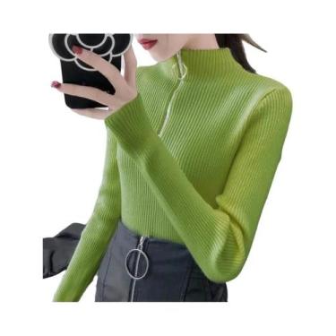 Imagem de Suéter Feminino De Tricô Gola Alta Slim Com Zíper Pulôver Básico Sólid