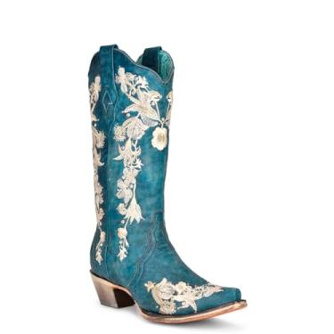 Imagem de Corral Boots Botas femininas casuais com bico curto floral cravejado cano médio salto baixo 2,5-5 cm - azul, Azul, 36
