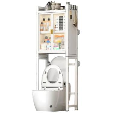 Imagem de SPXMQSS Unidade de armazenamento sobre vaso sanitário, armário de armazenamento de máquina de lavar, economia de espaço de banheiro independente com prateleiras ajustáveis e porta prateleira de
