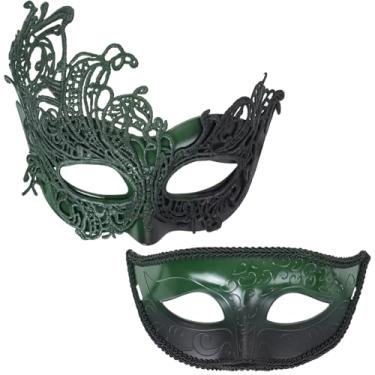 Imagem de Zinniday 2 máscaras de baile de máscaras para casal – conjunto de máscaras venezianas antigas de Halloween carnaval para casais, Verde, preto, tamanho �nico