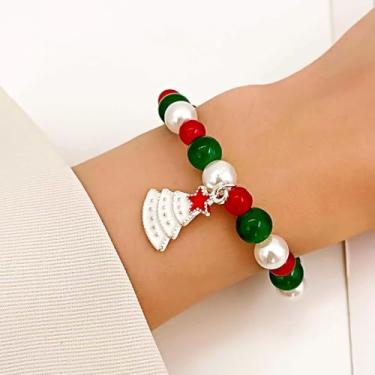 Imagem de Pulseira elástica de bola de Natal de 15 cm para mulheres, corrente de pingentes de Natal, vermelha, verde, branca, fofo, Natal, festival, acessórios para vestidos, joias, Medium, Sem metal, Sem Pedra