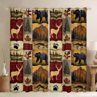 Imagem de jejeloiu Cortina rústica de urso (2 painéis, 96 x 137 cm) para crianças, 30%-50%, cortinas blackout para meninos, meninas, adolescentes, casa de fazenda, animais selvagens, cortinas de janela vermelha
