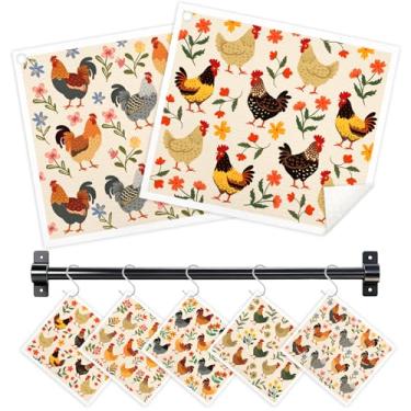 Imagem de Nyixblyre Panos de prato suecos para cozinha, pacote com 5 toalhas de papel reutilizáveis de frango engraçadas com 3 ganchos, conjunto de pano de prato lavável, pano de limpeza absorvente para lavar