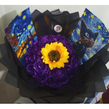 Imagem de Buquê de Rosas Eternas Van Gogh+Girassol(18 Rosas +2 Imagens) (Roxo)