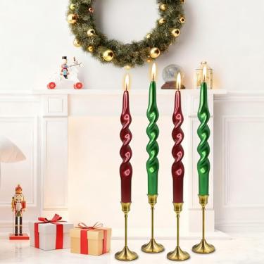 Imagem de Velas espirais de Natal metálicas vermelhas e verdes - Castiçal sem cheiro de 25,4 cm para presente de inverno, Natal, decoração de casa, embalagem com 4