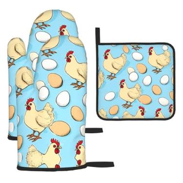 Imagem de Conjunto de cozinha essencial de 3 peças com estampa criativa de frango com desenho animado, luvas resistentes ao calor e aderência da tampa, proteção para churrasco no forno, design de armazenamento