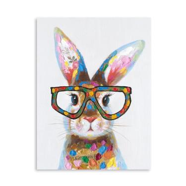 Imagem de Yidepot Pôster de tela de coelho colorido caprichoso - Decoração de parede de quarto de coelho de fazenda com fotos de óculos fofos para sala de estar 61 cm x 81 cm