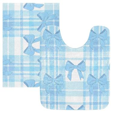 Imagem de Burbuja Conjunto de tapetes de banheiro xadrez Blue Bows, tapete de banho macio e absorvente, base de vaso sanitário antiderrapante para banheiro