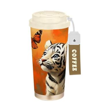 Imagem de YETTASBIN Caneca de café com isolamento térmico Baby Tiger de 500 ml com tampa canudo, copo à prova de derramamento e vazamento com alça para bebida quente e fria, garrafa de água de aço inoxidável