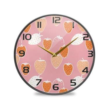 Imagem de YETTASBIN Relógio de parede de acrílico Morangos - Silencioso, sem tique-taque, operado por bateria, relógio redondo decorativo criativo para cozinha, sala de estar, banheiro, decoração de escritório