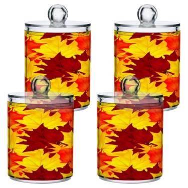 Imagem de STAYTOP 4 frascos de boticário Qtip para banheiro com etiquetas – Recipiente de armazenamento Qtip de plástico transparente para bola de algodão, cotonete, grãos de café e folhas coloridas de outono