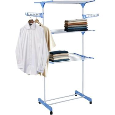 Imagem de Varal de Chão 3 Andares com Cabideiro e Rodízios 167cm - Organizador de Roupas com Bandejas Suporte 10kg Branco para Casa Apartamento Quarto Lavanderia