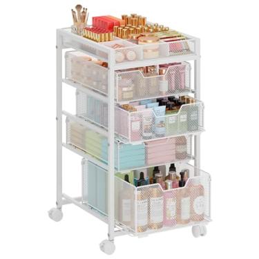 Imagem de Organizador de carrinho de maquiagem de 5 camadas com 4 gavetas, expositor de cosméticos com divisórias, armazenamento de cuidados com a pele no chão com rodas, organizador versátil para esmalte de